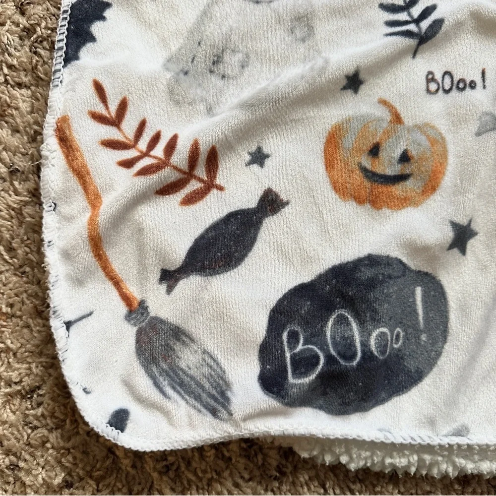 Halloween Lovey Ghost and Pumpkin White Patterned Blanket Baby Blanket Shearling
